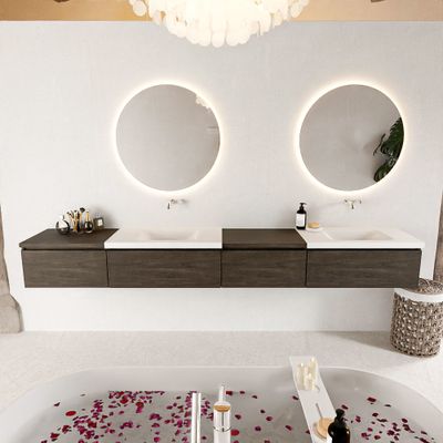 MONDIAZ BUKLA 280cm badmeubel met module 60 rechts kleur Dark Brown met 4 lades. Wastafel CLOUD dubbel 0 kraangaten kleur Talc.