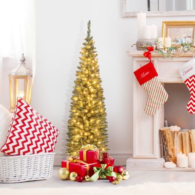 Kunstkerstboom van 150 cm Verlichte Potloodvormige Kerstboom met 296 Takpunten 150 Warmwitte LED-Verlichting en Metalen Standaard