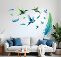 Blauwe veren met vogels muursticker