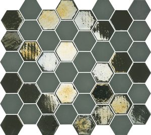 Tegelsample: The Mosaic Factory Valencia hexagon glasmozaïek tegels 28x33 khaki