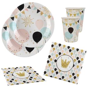 Feest wegwerp servies set - ballon - 20x bordjes / 20x bekers / 20x servetten - wit/goud