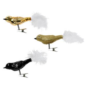 Decoratie vogeltjes - 3x st - op clip - goud/zwart - 3 x 8 x 3,5 cm - glas - kerstornamenten