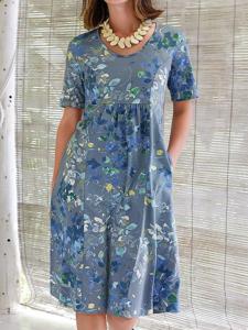 Casual Floral Loose Cotton Dress With No