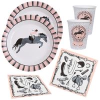 Paarden thema feest wegwerp servies set - 10x bordjes / 10x bekers / 20x servetten - grijs/roze - thumbnail