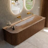 Badmeubel Mondiaz Kurve-Dlux | 145 cm | Meubelkleur Walnut | Wastafelkleur Arena | Solid surface | Wasbak rechter zijde spoelbak | Zonder kraangat(en)