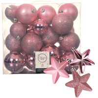 Pakket 32x stuks kunststof kerstballen en sterren ornamenten roze - Kerstbal
