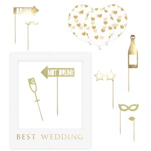 Foto prop set Best Wedding - Bruiloft - goud/wit - 13-delig - met frame - photobooth/selfie   -