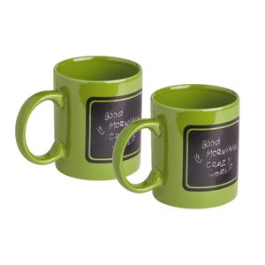 Luxe krijt koffiemok/beker - 2x - groen - keramiek - met zwart schrijfvlak - 350 ml - Bekers