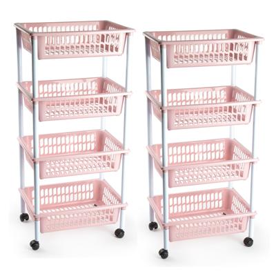 Plasticforte opberg trolley - roltafel - met 4 manden - roze - set 2x stuks - 40 x 50 x 85 cm