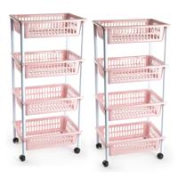 Plasticforte opberg trolley - roltafel - met 4 manden - roze - set 2x stuks - 40 x 50 x 85 cm