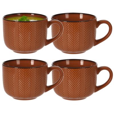 Soepkom Fishbone - 4x - terra - 12 x 9 cm - keramiek - kommetjes met oor - 560 ml Soepkom Fishbone - 4x - terra - 12 x 9 cm - keramiek - kommetjes met oor - 560 ml