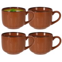 Soepkom Fishbone - 4x - terra - 12 x 9 cm - keramiek - kommetjes met oor - 560 ml