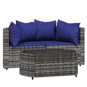 vidaXL 3-delige Loungeset met kussens poly rattan grijs