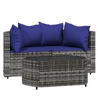 vidaXL 3-delige Loungeset met kussens poly rattan grijs - thumbnail