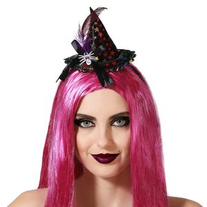 Halloween heksenhoed - mini hoedje op diadeem - one size - zwarte sterren - meisjes/dames