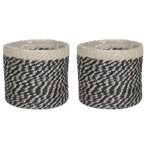 2x stuks naturel zwart rotan planten pot mand van gedraaid jute/riet H20 en D20 cm