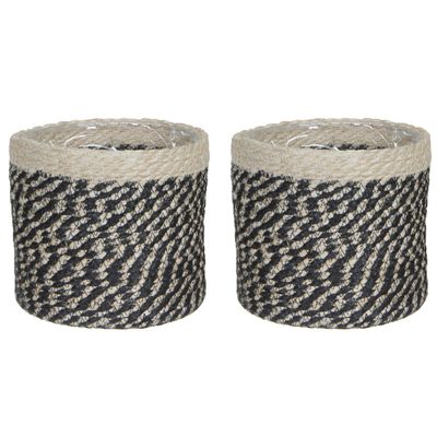 2x stuks naturel zwart rotan planten pot mand van gedraaid jute/riet H20 en D20 cm