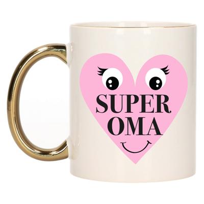 Cadeau koffie/thee mok voor Oma - goud - Super Oma hartje - keramiek - 300 ml