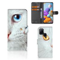 Samsung Galaxy A21s | Telefoonhoesje | Met pasjeshouder | Witte Kat