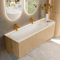 Mondiaz KURVE-DLUX 145 cm Onderkast Greeploos 1 Lade Met Deuren Oak, Wastafel Solid Surface Links Ostra 2 Kraangaten Zonder Spiegel (KRVBGL145R1L1D2KL-Oak/Ost)
