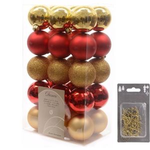 Kerstversiering mix pakket kunststof kerstballen 6 cm goud/rood 30 stuks met haakjes