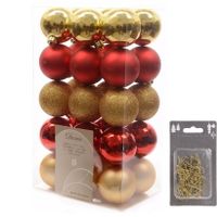 Kerstversiering mix pakket kunststof kerstballen 6 cm goud/rood 30 stuks met haakjes - thumbnail