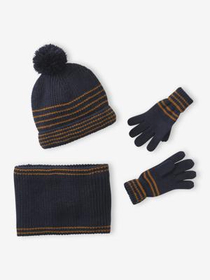 Geruite jongens babyset muts + snood + wanten/handschoenen chambrayblauw