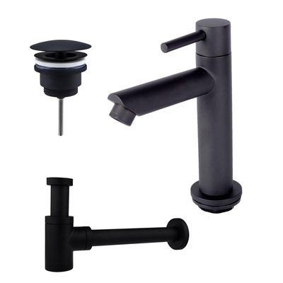 Fortifura Calvi fonteinkraanset met staande fonteinkraan laag, always open plug en design sifon Mat Zwart SW696235 / SW696205 / SW696215