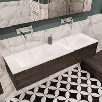 Mondiaz Lush Cloud badmeubel eiken donker bruin 150 cm 1 lade solid surface dubbele spoelbak zonder kraangat