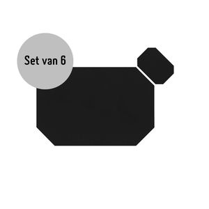 Krumble Placemat achthoekig + onderzetter - PU Leder - Zwart - Set van 6