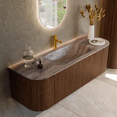 Badmeubel Mondiaz Kurve-Dlux | 140 cm | Meubelkleur Walnut | Wastafelkleur Oza | Solid surface | Wasbak midden spoelbak | 1 kraangat