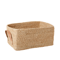 Rice - Raffia Rectangular Basket w. Leather Handle - Nature - thumbnail