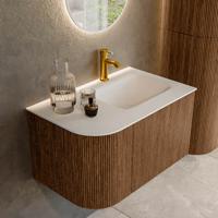 Mondiaz KURVE 75 cm Onderkast Greeploos 1 Lade Met Deuren Walnut, Wastafel Solid Surface Rechts Talc 1 Kraangat Zonder Spiegel (KRVGRU75L1L1D1KR-Wal/Tal)