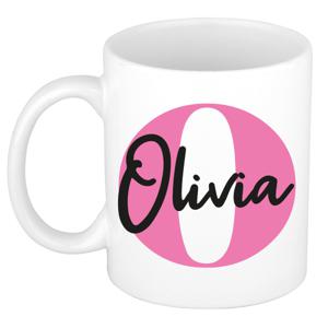 Naam mok Olivia - roze - wit - keramiek - 300 ml - verjaardag/cadeau beker