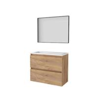 Basic-Line Framed 39 Badkamermeubelset - Ondiep - 80 x 39 cm - Greeploos - 2 Lades - Acryl Wastafel - Zonder Kraangat - Spiegel met Zwart Aluminium Frame - Whisky Oak