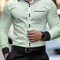 Bon&Bon Men's Khaki Casual Shirt - Long Sleeve Colorblock Polyester Olive Green / XL