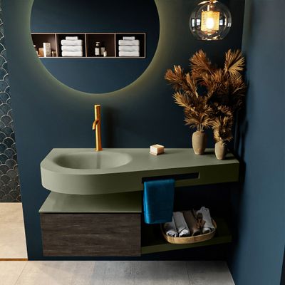 MONDIAZ RIVA 120cm badmeubel onderkast / planchet kleur Dark_Brown met 1 lade. Wastafel DULCET links 1 kraangat kleur Army. MONDIAZ RIVA 120cm badmeubel onderkast / planchet kleur Dark_Brown met 1 lade. Wastafel DULCET links 1 kraangat kleur Army.