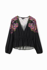 Wikkelblouse met digitale bloemenprint - BLACK - S