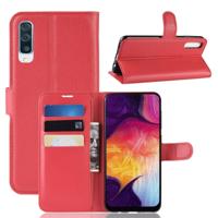 Litchi textuur horizontale Flip lederen case voor Galaxy A50 met portemonnee & houder & kaartsleuven (rood)