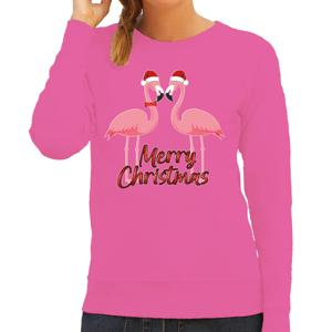 Foute Kersttrui/sweater voor dames - Merry Christmas - flamingo - roze - tropische kerst