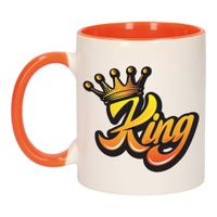 Koningsdag King met kroon mok/ beker oranje wit 300 ml - thumbnail