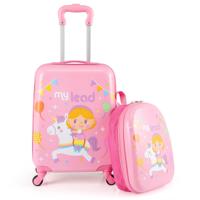 2-delige Kinderkoffer Set Kinderbagage met Wielen 16" Handbagage & 13" Harde Rugzak Roze Eenhoorns