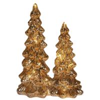 Kerstboom beeldjes - 2x st - goud - H20 en H25 cm - glas - met LED verlichting