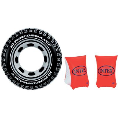 Opblaasbare autoband zwemband/zwemring 91 cm met oranje zwemvleugels van intex