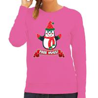 Foute Kersttrui/sweater voor dames - free hugs - roze - pinguin