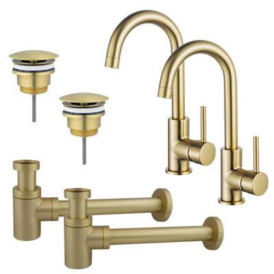 Fortifura Calvi Wastafelkraanset - voor dubbele wastafel - hoge wastafelkraan - draaibare uitloop - always open plug - verlaagde design sifon - Geborsteld Messing PVD (Goud) 2x SW809349/2x SW696208/2x SW696218