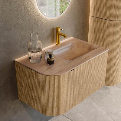 Badmeubel Mondiaz Kurve-Dlux | 75 cm | Meubelkleur Oak | Wastafelkleur Saba | Solid surface | Wasbak rechter zijde spoelbak | 1 kraangat