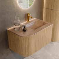 Badmeubel Mondiaz Kurve-Dlux | 75 cm | Meubelkleur Oak | Wastafelkleur Saba | Solid surface | Wasbak rechter zijde spoelbak | 1 kraangat
