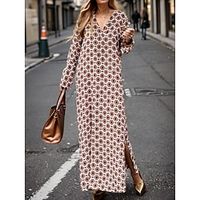 Dames Casual jurk Satijnen Jurk Geometrisch Splitsen Afdrukken V-hals Maxi-jurk Casual Dagelijks Vakantie Lange mouw Zomer Lente Lightinthebox - thumbnail