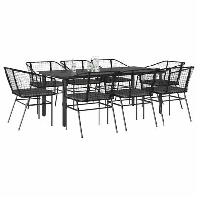 9-delige Tuinset met kussens poly rattan glas zwart